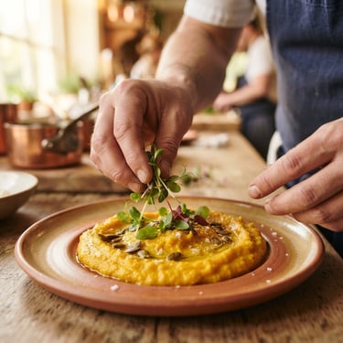 A personal chef, private chef,  plating pumpkin and herb purée for a private event.