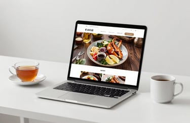 A clean, minimalist desk with a laptop displaying a vibrant restaurant website. A cup of tea sits nearby. Aesthetic and professional, using #F8F3EC and #B78759.