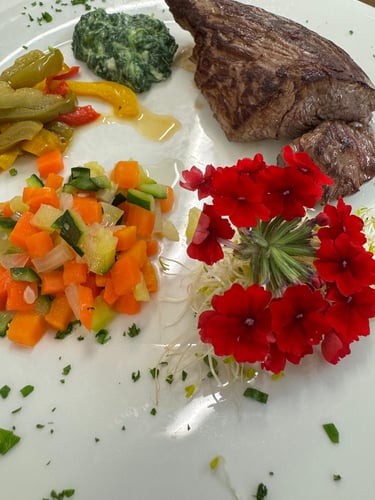 Solomillo de ternera a la plancha (+o-250gr), patatas fritas y verduras