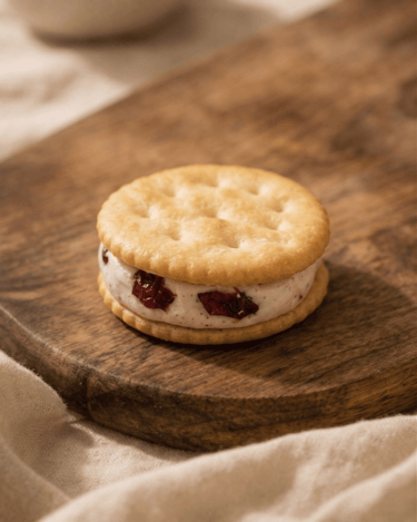 Handmade cranberry nougat cookie sandwich by 1/1 Bakery, buttery and filled with nougat