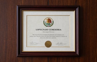 Close-up of a framed official certificate on a dark wood wall in a North American / Mexican executive office, elegant studio lighting, reflecting professionalism.