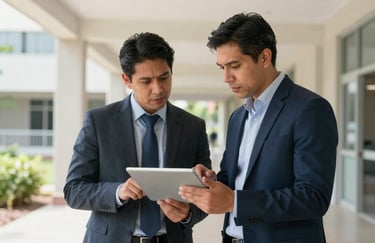 Two engineers in business attire discussing a project over a tablet in a bright North American / Mexican university hallway, professional interaction.