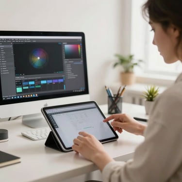 A software designer working on a high-resolution tablet in a bright airy North American office focusing on precision and detail with off-white surroundings.