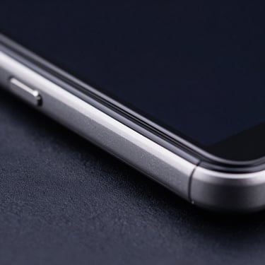 Macro photography of a sophisticated Android device's edge highlighting polished metal and glass in a professional North American environment with dark navy and muted blue lighting.