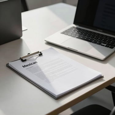 Modern office desk with a clean laptop and a professional document, soft daylight hitting the surface, minimalist Mexican office style.