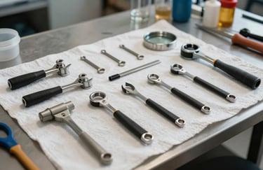 A professional photograph of high-end specialized tools for auto glass repair laid out neatly on a clean cloth, in a bright North American workshop. The composition is orderly and sophisticated.