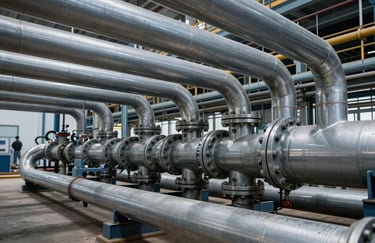 A professional photograph of a completed industrial piping network in a South Asian plant, emphasizing clean lines, steel grey pipes, and robust construction.
