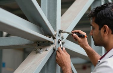 Close-up of a technical specialist in India inspecting the joints of a massive steel industrial structure using precise tools.