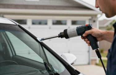 Action shot of a technician using a specialized tool to apply professional-grade sealant to a windshield frame. The background is a clean North American residential garage.