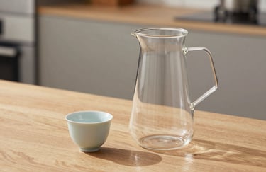 A high-quality close-up of a glass water pitcher and a simple porcelain cup on a light wooden table. Soft shadows and natural lighting in a modern US home interior suggest a calm, focused environment.