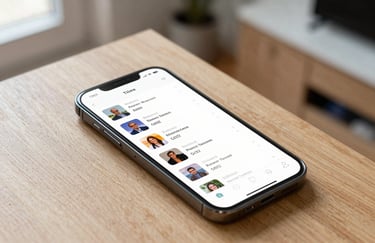 A professional smartphone photography shot showing a clear screen with a mobile game menu. The phone sits on a light wooden surface in a bright North American apartment.