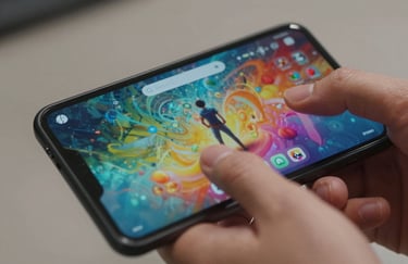 A close-up of a person's thumbs playing a dynamic mobile game on a modern Android device. High detail, vibrant screen colors, professional studio lighting.