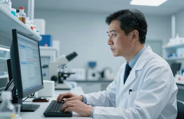 A professional North American / US researcher in a modern laboratory setting, looking thoughtfully at a digital screen. The palette is dominated by soft ice blue and deep navy. High-quality editorial photography, clean and authoritative.