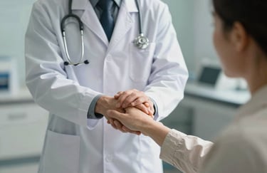 A doctor in professional attire holding a patient's hand in a reassuring gesture in a modern US clinical setting. The lighting is warm and emphasizes empathy and trust. Professional photography, shallow depth of field.