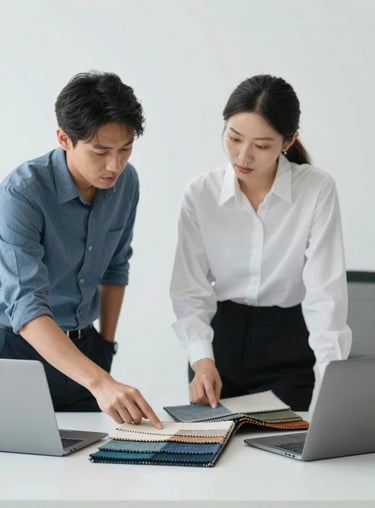 Two business professionals in a clean, minimalist office discussing textile samples, reflecting a reliable partnership mood.