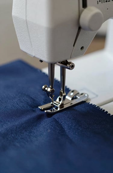 A close-up of a high-precision industrial sewing machine needle piercing high-quality navy blue fabric, emphasizing craftsmanship and detail.