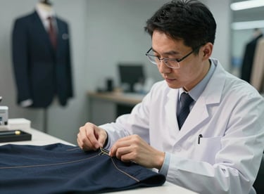 A quality control specialist wearing professional attire inspecting the stitching on a luxury garment under bright, focused studio lighting.