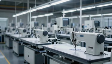 A wide shot of an organized garment warehouse with rows of finished apparel on chrome racks, demonstrating production scale and efficiency.