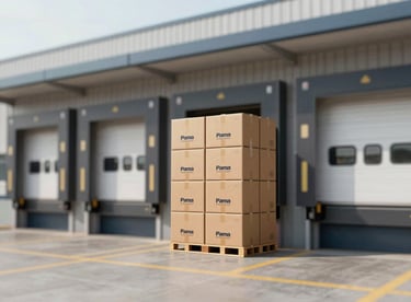 A modern loading dock with neatly stacked boxes labeled with Pama Enterprise branding, ready for global shipping.