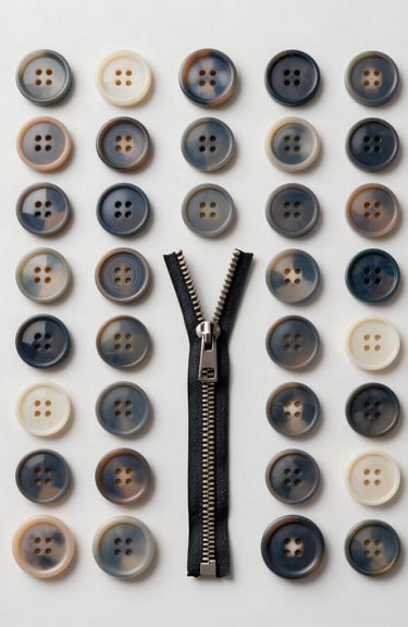 A sophisticated display of diverse clothing accessories like buttons and zippers arranged artistically on a clean #F7FAFC surface.