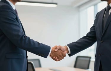 Two professionals shaking hands in a bright, modern South Asian / Indian office, symbolizing trust and agreement, with steel blue and near-white background.