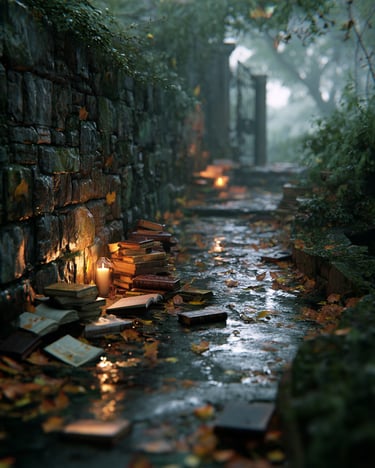 Vintage books and glowing candles along a wet stone path in a moody autumn garden.