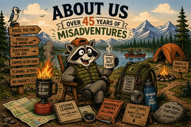 Funny camping illustration of a raccoon holding coffee surrounded by hiking gear and humorous misadventure signs.