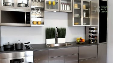 Modern handleless brushed stainless steel cabinets