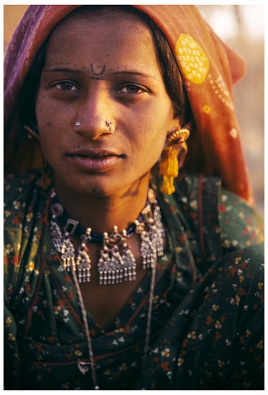 A young woman from a nomadic gypsy caste in the desert region of Rajasthan in India near Pakistan.