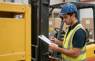 Action shot of a logistics professional checking a manifest next to a forklift and yellow shipping crates, Iberian / Latin American warehouse environment.