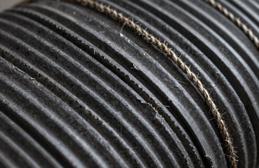 A close-up photograph of corrugated cardboard texture and heavy industrial twine, high contrast, clean industrial photography, dark gray and black tones.