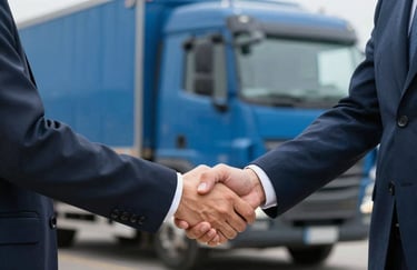 A high-quality image of a professional handshake between two business people in front of a blue truck, conveying trust and partnership.