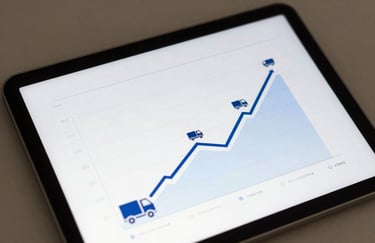 A close-up image of a digital tablet showing a clean, upward-trending financial chart with truck icons, representing profit and growth, professional and crisp.