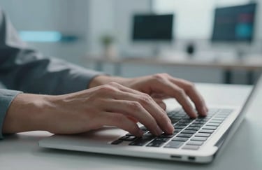 Close-up of hands typing on a sleek keyboard with a blurred background of a modern tech studio in North American / US, featuring soft blue and white tones.