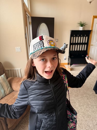 girl with finished hat and kitty brim pet