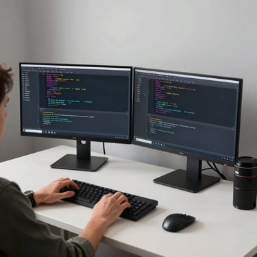 A software engineer working at a high-tech ergonomic desk with dual monitors displaying code, sleek North American home office or tech hub setting, clean composition.