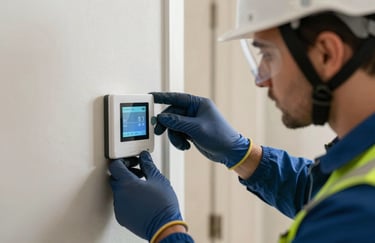 A close-up of a professional in safety gear installing a smart thermostat in a North American / US home, emphasizing modern technology and care.