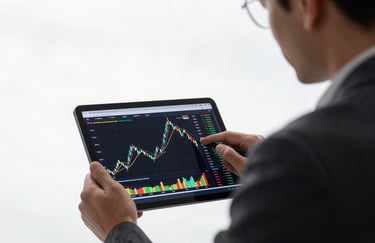 A professional in business attire focused on a high-resolution tablet screen showing financial candlesticks, soft sky white light, International Financial Market / Professional.