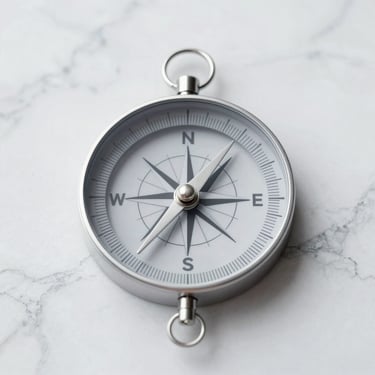 A minimalist and professional abstract image of a global compass on a marble surface. Clean lighting, highlighting #8E9DAA and #F8F9FA.