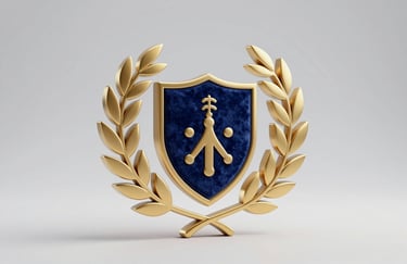 A high-quality 3D icon of a laurel wreath surrounding a university shield, rendered in a metallic gold finish (#C9940A) with navy blue (#0F1E3D) velvet textures. Soft studio lighting on a neutral gray background.