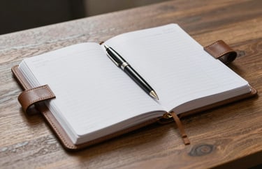 A high-quality image of a leather-bound planner and a luxury pen on a wooden desk, signifying organized leadership and professional planning. Palette: #1C2D3B and #F6F8FA.