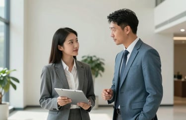 Two business partners in professional attire collaborating in a bright, modern North American / US lobby, off-white walls and muted slate blue decor.