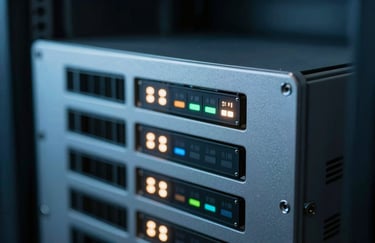 Close-up of a high-tech data processor with glowing indicators in a North American / US server room, soft steel blue light, innovative and modern.