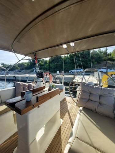 Comfortable cockpit seating aboard Sail Boat Christina during a private yacht charter in Halkidiki
