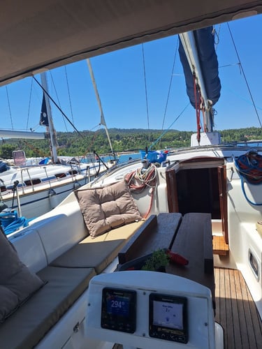 Comfortable cockpit of Sail Boat Christina ready for a private sailing cruise in Halkidiki