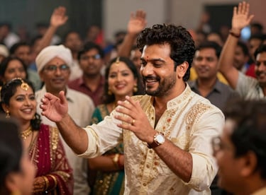 Harshvardhan Tiwari engaging with a joyful crowd during a South Asian / Indian wedding show, energetic lighting.