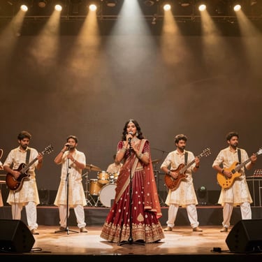 A high-energy Bollywood band performance on a grand South Asian / Indian stage with muted gold spotlights.