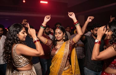 A vibrant South Asian / Indian musical wedding clubbing scene with guests dancing and deep burgundy stage lights.