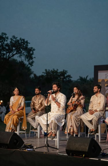 An elegant outdoor South Asian / Indian evening event setup with a stage ready for a musical performance.