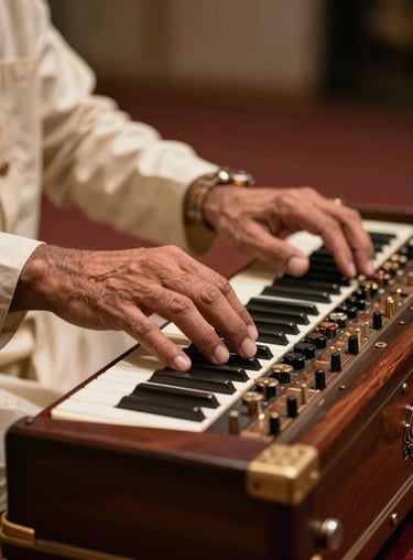 Close-up of a singer's hands on a harmonium in a professional South Asian / Indian musical setting.